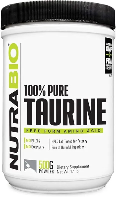 NutraBio Taurine Supplement Powder, Better Energy Levels & Digestion, Reduce Muscle Cramps, 500 Grams - 1000mg Serving