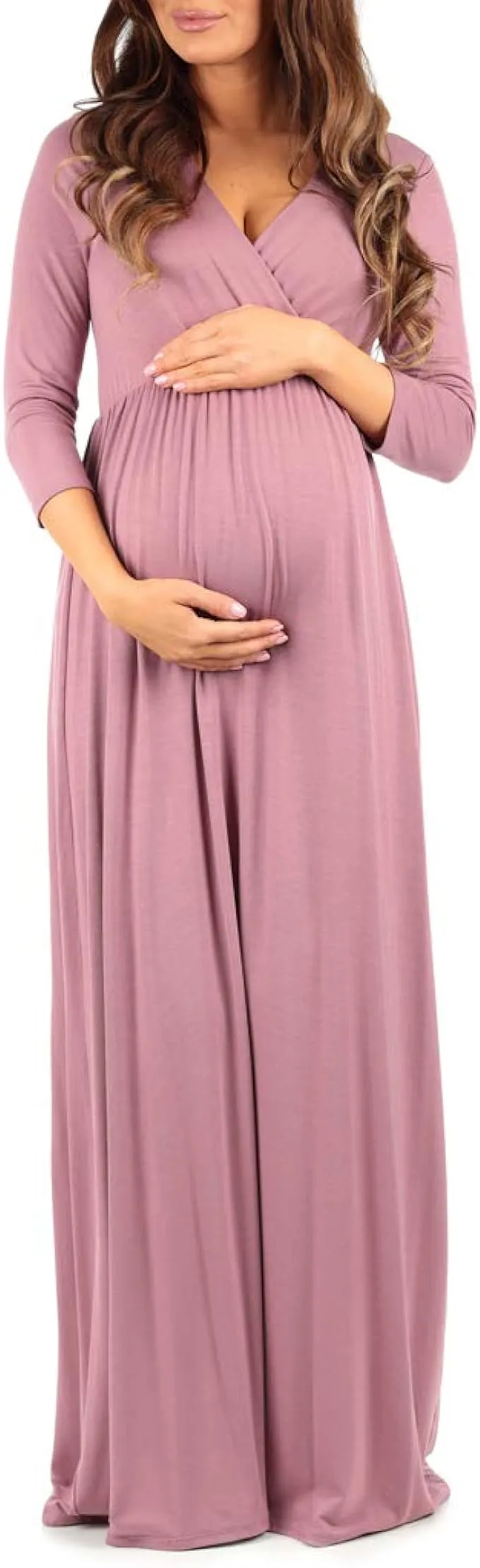 Mother Bee Maternity V-Neck 3/4 Sleeve Ruched Waist Dress