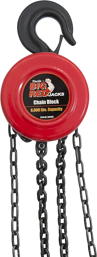 BIG RED TR9030 Torin Manual Hand Lift Steel Chain Block Hoist with 2 Hooks, 3 Ton (6,000 lb) Capacity, Red