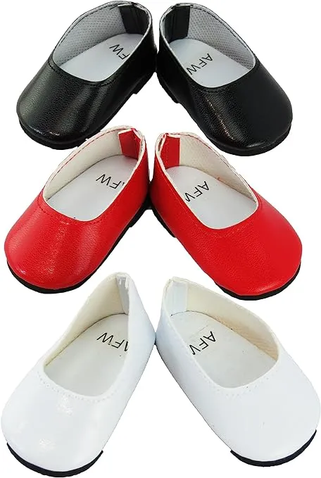 American Fashion World Red, White, and Black Flats for 18-Inch Dolls | 3 Pack | Premium Quality & Trendy Design | Dolls Shoes | Shoe Fashion for Dolls for Popular Brands