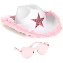 Funcredible White Cowgirl Hat with Heart Glasses - White Cowboy Hat with Pink Sequin Star - Halloween Cow Girl Costume Accessories - Fun Rodeo Party Hats and Goggles for Kids, Girls and Women