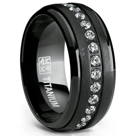 Metal Masters Black Titanium Men's Eternity Wedding Band Ring with Clear Round Cubic Zirconia 9mm Size 13