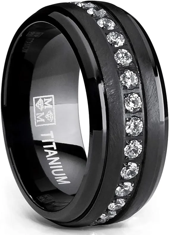 Metal Masters Black Titanium Men's Eternity Wedding Band Ring with Clear Round Cubic Zirconia 9mm