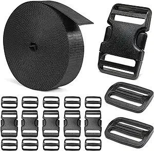 3/4" Buckles and Straps Set: 6 Yards of Thick Nylon Webbing, 6-Pack Quick Side Release Adjustable Plastic Buckles, 12 Tri-Glide Slide Clips(3/4" Combo Set)