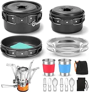 Odoland 16pcs Camping Cookware Mess Kit with Folding Camping Stove, Non-Stick Lightweight Pots Pan Set with Stainless Steel Cups Plates Forks Knives