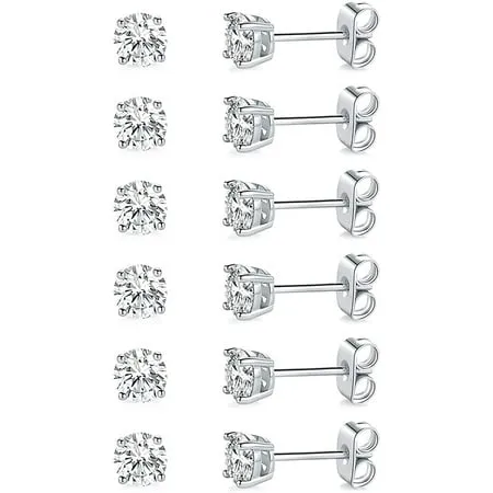 18K White Gold Plated Cubic Zirconia Stud Earring Pack (6 Pairs)