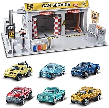 STOULKD 6 Pieces Alloy car Model Toys 1/64 Truck with 3D Scene, Gas Station Maintenance Station for Kids 3 Years Old up (Repair Shop)…