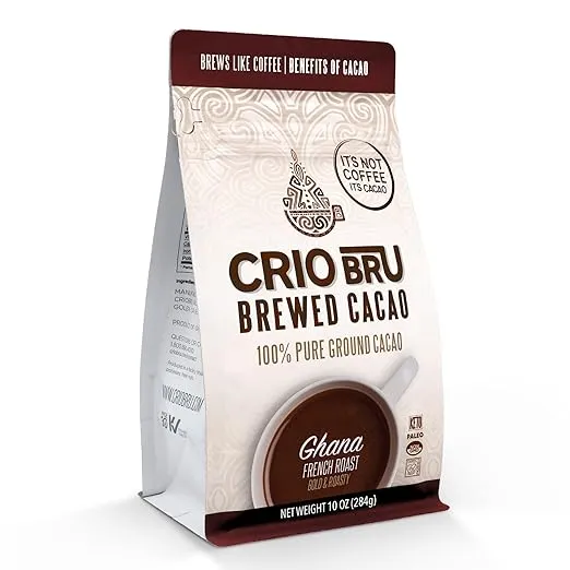 Crio Bru Ghana French Roast 10 oz Bag | Natural Healthy Brewed Cacao Drink | Great Substitute to Herbal Tea and Coffee | 99% Caffeine Free Gluten Free Low Calorie Honest Energy Brew And Enjoy Hot or Iced