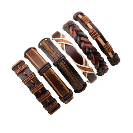 Unisex Brown and Coffee Braided Leather Punk Rock Cuff Wristband Bracelet For Men or Women 6pcs Set