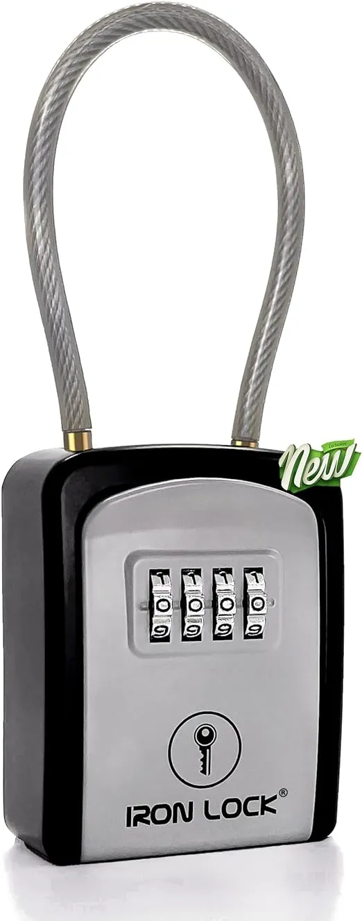 Iron Lock ® - Key Lock Box Portable with Removable Cable Shackle Indoor Outdoor Waterproof 4 Digit Combination with Resettable Code with A B Switch Key Lockbox for Outside Hold Spare Keys for Realtors