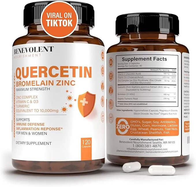 Benevolent Nourishment Quercetin with Bromelain, Zinc Complex, Vitamin C & D, Turmeric - Immune Support, Respiratory & Sinus Health - 20x Improved Absorption - 120 Non-GMO Capsules