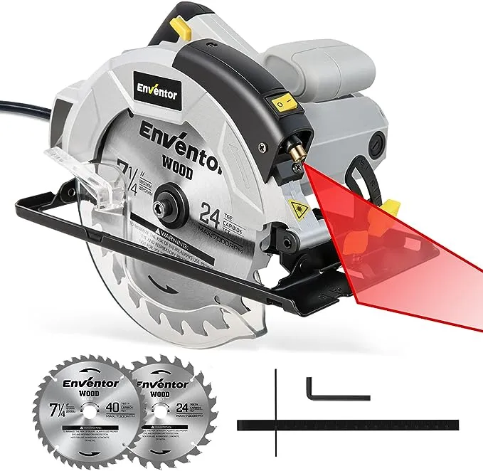 ENVENTOR Mini Circular Saw, 5.8A Electric Circular Saw with 6 Saw Blades 4-1/2", Laser Guide, 3500RPM, Max Cutting Depth 1-11/16"(90°), 1-1/8"(45°), Compact Tile Saw Corded for Soft Metal, Wood