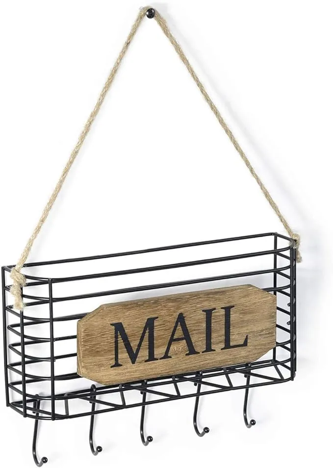 Mail Holder, Key Holder,  Rustic Mail Organizer Wall Mount Hanging Mail Sorter Letter Basket with 5 Key Holder Hooks, Small Size, Farmhouse