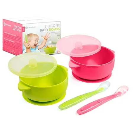 Silicone Suction Baby Bowl with Lid - BPA Free - 100% Food Grade Silicone - Infant Babies and Toddler Self Feeding (Green/Pink)