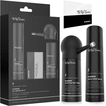 The Rich Barber N'Hance Pro Barber Kit II - 4-in-1 Hair & Beard Styling Set with Keratin-Infused Hair Building Fibers, Style Hold Spray, Applicator Pump, Application Card - Hairline & Edge Enhancer