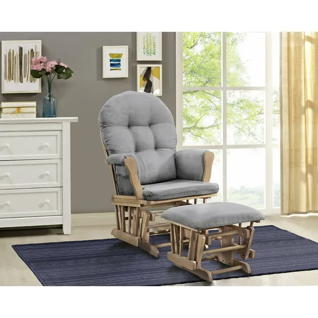 Angel Line Windsor Glider and Ottoman, Natural Finish with Gray Cushions