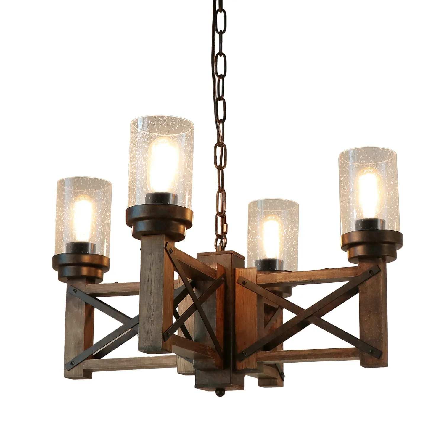 Farmhouse Chandelier 6-Light Dining Room Light Fixture Over Table Kitchen Island Lighting Rustic Chandeliers for Dining Light with Seeded Glass Shade Wood Pendant Lights Kitchen Island