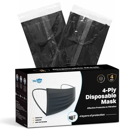 Individually Wrapped Disposable Face Masks, Black 4-Ply, 50PK