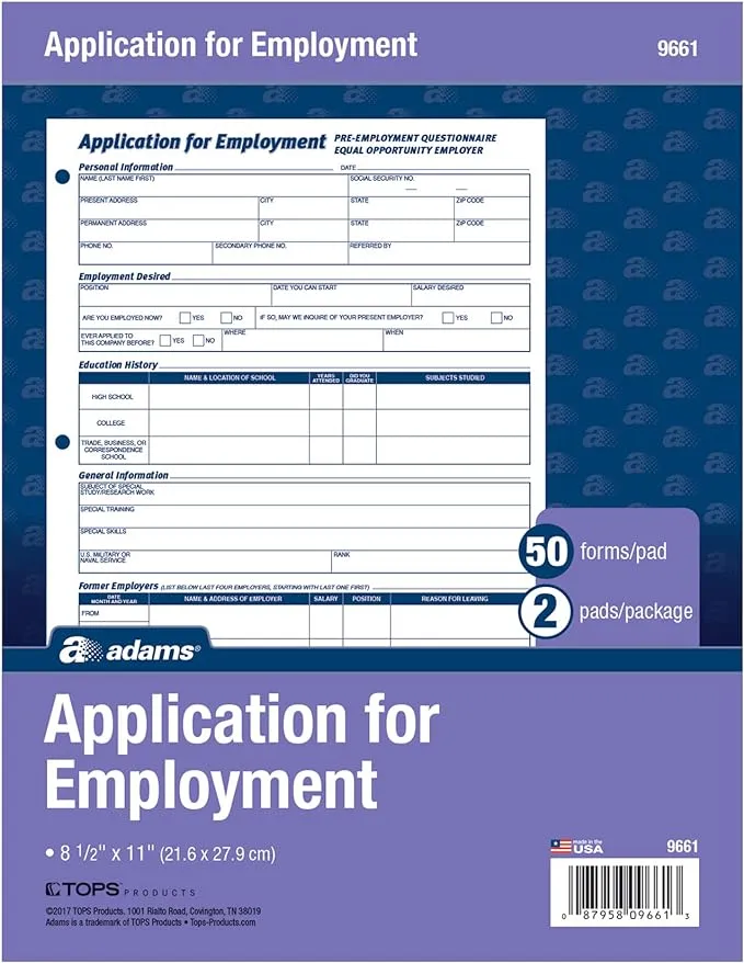 Adams Bilingual Employee Application, 8.5 x 11 Inches, White, 2-Pack (9661ES)