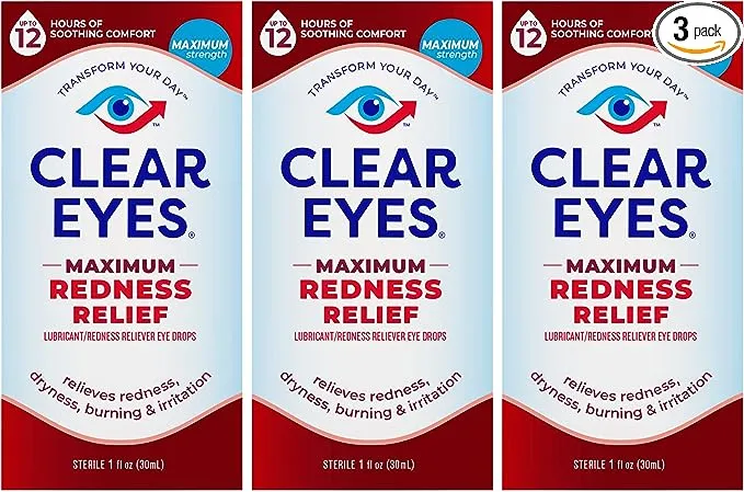 Clear Eyes Maximum Redness Eye Relief Lubricant Eye Drops, 1 fl oz, 3 PackClear Eyes Maximum Redness Eye Relief Lubricant Eye Drops, 1 fl oz, 3 Pack