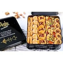 Mughe Gourmet Luxury Baklava Pastry Metal Gift Box - 1.65lb/750g - Rich Pistachios, Walnuts, Cashews Double Layered Halal Baklawa Dessert Basket- Perfect for Christmas, Sweet Food Gifts for Women, Men