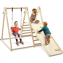 OLAKIDS Toddlers Triangle Climbing Set, 4 in 1 Foldable Kids Wood Montessori Climber Ladder with Ramp, Slide and Swing, Indoor Playground Jungle Play Gym Structure for Boys GirlsOLAKIDS Toddlers Triangle Climbing Set, 4 in 1 Foldable…