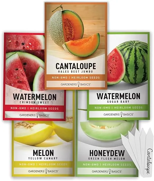 Gardeners Basics, Melon Fruit Seeds for Planting Home Garden 5 Variety Packs - Hales Best Cantaloupe, Crimson Sweet Watermelon, Yellow Canary Melon, Green Flesh Honeydew Melon, Sugar Baby Watermelon