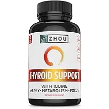 Zhou Thyroid Support Complex with Iodine Supplement, Increase Energy, Fight Brain Fog with Vitamin B12, Iodine, Magnesium, Zinc, Selenium, No Soy, Gluten-Free, 30 Servings, 60 Caps