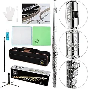 Rhythm C Flutes with Engraved Flower Closed Hole 16 Keys Flute For Student, Beginner with Stand, Carrying Case,Cleaning Kit, Gloves, Tuning Rod, Nickel