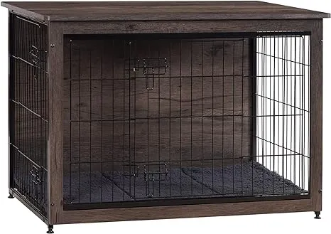 DWANTON Dog Crate Furniture with Cushion, Large Wooden Dog Crate with Double Doors, Dog Furniture, Indoor Dog Kennel, End Table, Large, 38.5" L, Dark