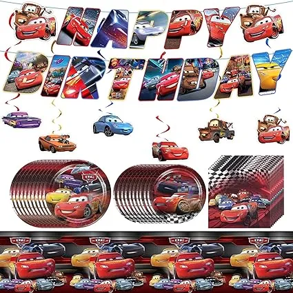 48pcs Cars Birthday Party Supplies Banner Hanging Swirls Plates Napkin Tablecloth