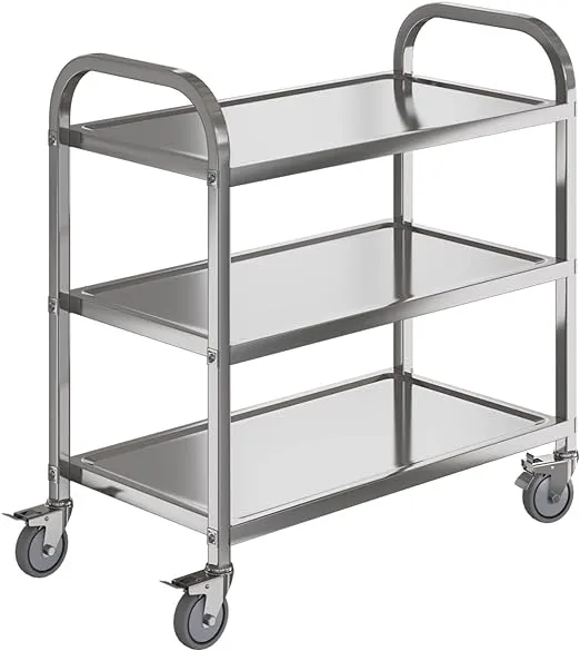 3 Shelf Stainless Steel cart,400 lbs,1MM Thick，Serving cart with Wheels, Household, Service Trolley,360°Rotation Storage Shelf with Locking Wheels 29.5 * 15.7 * 37.4'' L*W*H S.