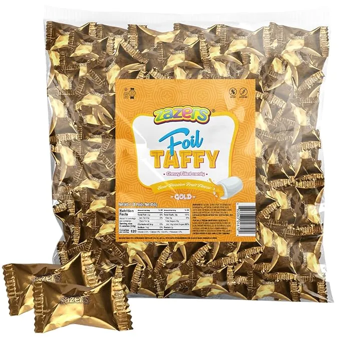 Gold Foils Chewy Filled Sweet and Sour Candy, 1-Pound Bag of Gold Color Themed Kosher Candies Individually Wrapped Passion Fruit-Flavored Taffies (NET WT 454g, About 112 Pieces)