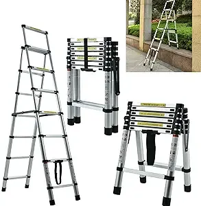 Telescopic Ladder 6+7 Step A-Frame DIY Multi-Purpose Ladder Portable Extendable Aluminum Ladders Folding Extension Ladder (2M+2.3M) Loft Ladders