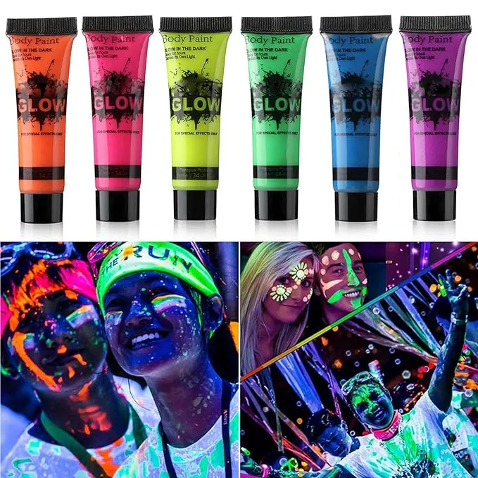 Glow in Dark Face Body Paint UV Blacklight Neon Fluorescent 0.34oz Set of 6 Tubes