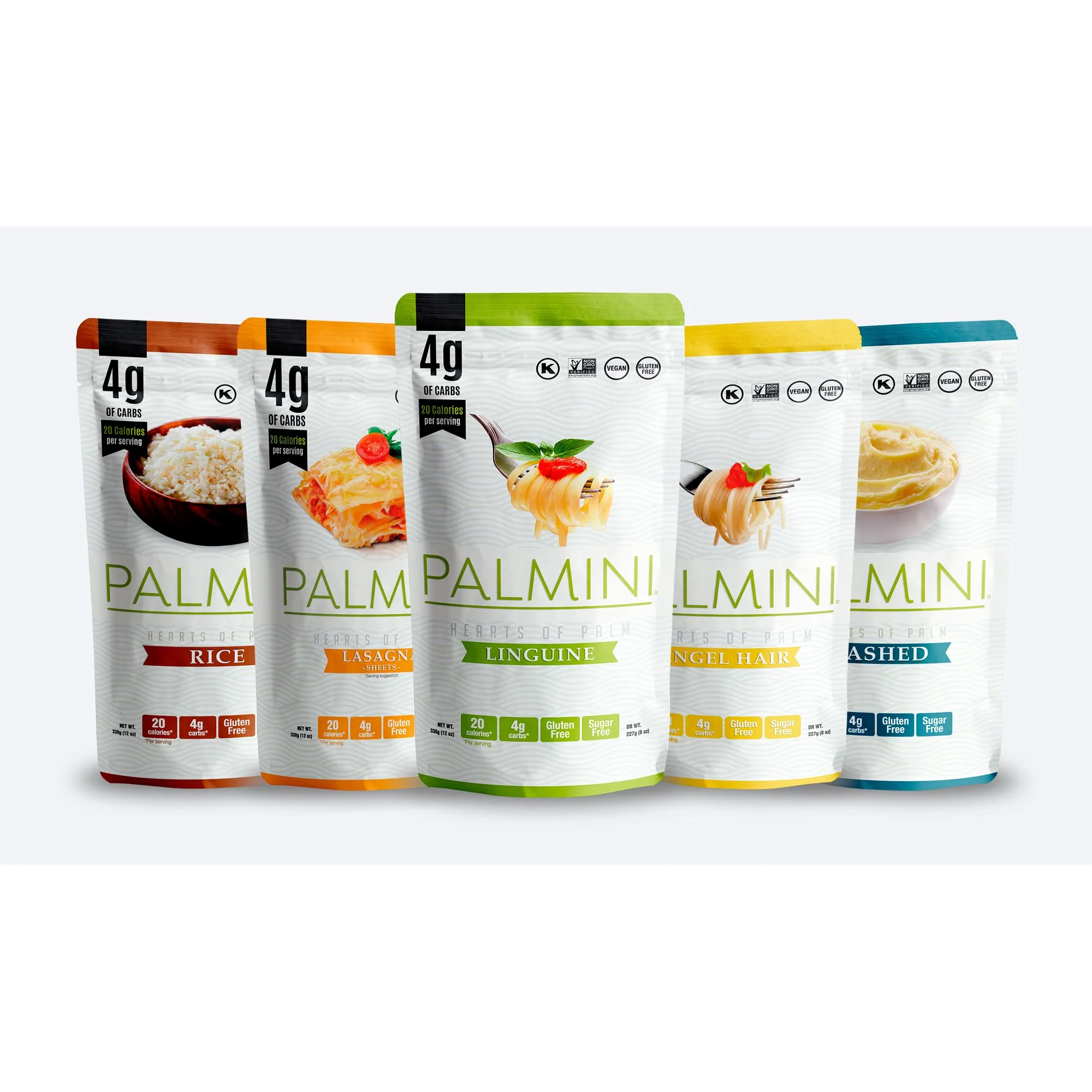 NEW !! Palmini Pouch VARIETY PACK | Linguine | Angel Hair | Lasagna | Rice | Mashed | 4g of Carbs | As Seen On Shark Tank | Gluten Free (12 Ounce)