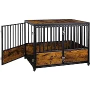 AGESISI Dog Crate Furniture 44 Inch Wooden Dog Kennel, Pet Crates End Table with 2 Doors, Dog Cage Indoor with 4 Lockable Wheels for Medium and Large Dogs, Rustic BrownAGESISI Dog Crate Furniture 44 Inch Wooden Dog Kennel, Pet Crates End Table with 2 Doo