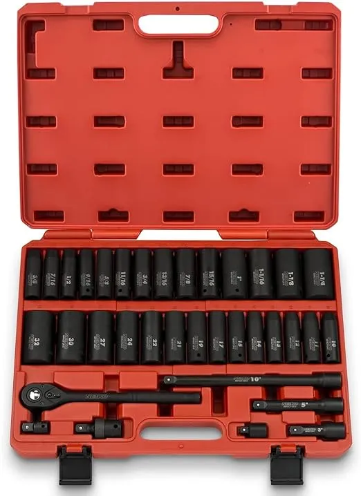 NEIKO 02446A 1/2" Impact Socket Set, 35 Piece, Deep Socket Kit Assortment, Standard SAE (3/8”-1-1/4”) and Metric MM (10-32mm) Sizes, Includes Ratchet Handle and Impact Extension Bars