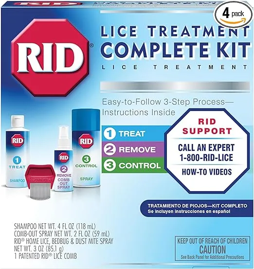 RID Lice Treatment Complete Kit Includes Fluid Ounces Lice Killing Shampoo 2 Fluid Ounces Lice and Egg CombOut Spray Lice Comb and 3 Ounces Home Lice Bedbug Dust Mite Home Spray, 4 Piece Set, 1 Count