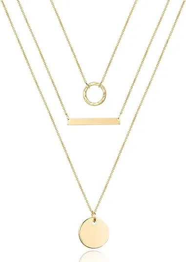 Turandoss Dainty Layered Choker Necklace, Handmade 14K Gold Plated Y Pendant Necklace Multilayer Bar Disc Necklace Adjustable Layering Choker Necklaces for Women