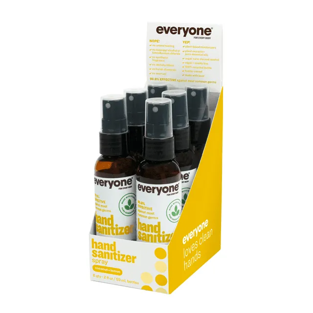 Everyone Hand Sanitizer Spray, 2 Ounce (Pack of 6), Coconut and Lemon, Plant Derived Alcohol