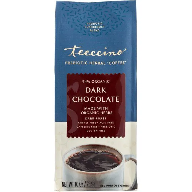 Teeccino Dark Chocolate Prebiotic SuperBoost™ Coffee Alternative - Support Probiotics with Caffeine-Free Herbal Coffee Featuring 3 Vegan Prebiotics for Gut Health, 10 Ounce