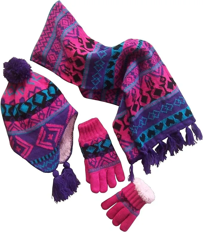 N'Ice Caps Kids Hat Glove Scarf Girls Winter Knit Accessory Set Warm Sherpa Lined 3 Piece