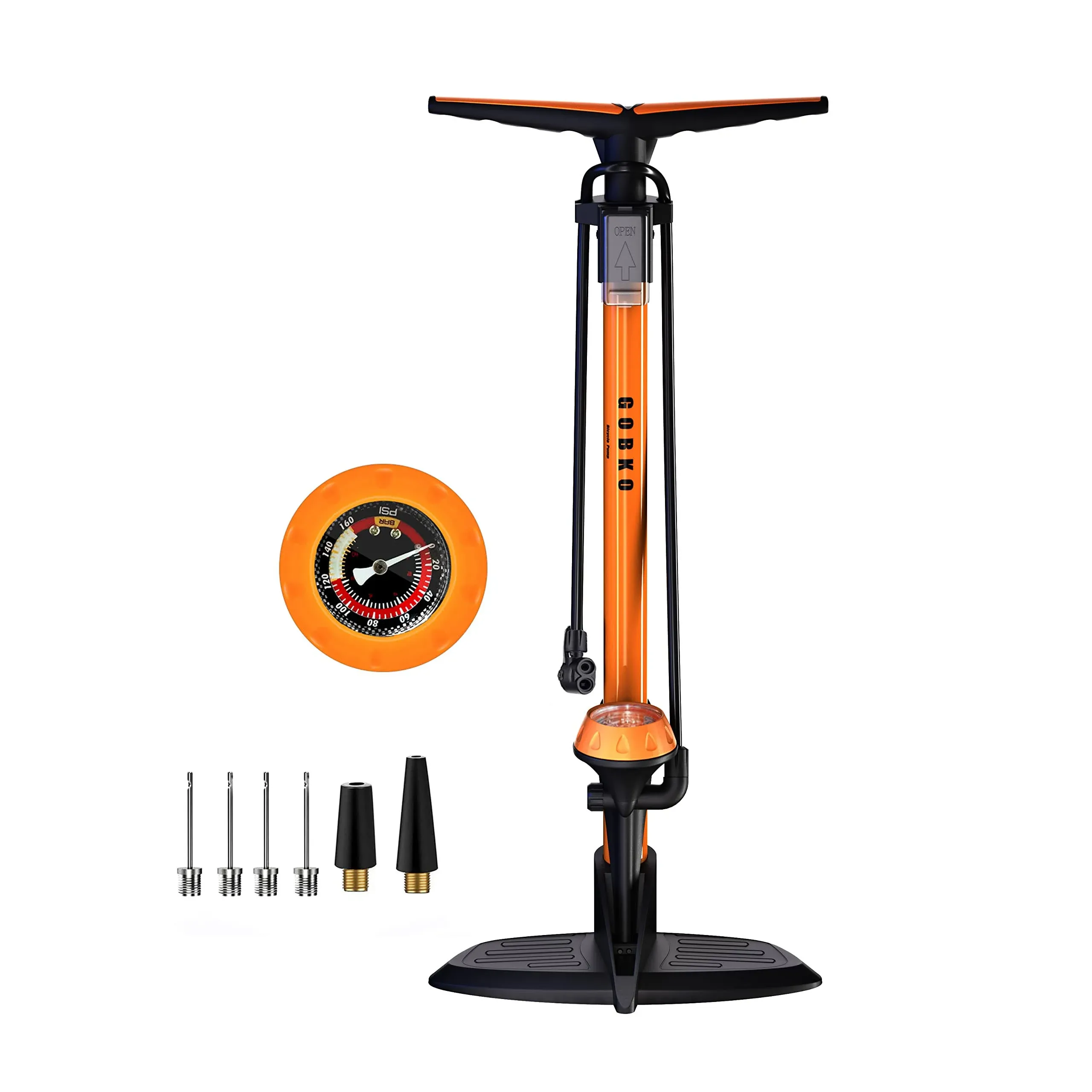 GOBKO Bike Floor Pump with Gauge,Floor Bicycle Pump with Both Presta and Schrader Bicycle Pumps Valves High Pressure 160Psi Multi-Purpose Portable Air Pump for Road Bike MTB Sports Balls