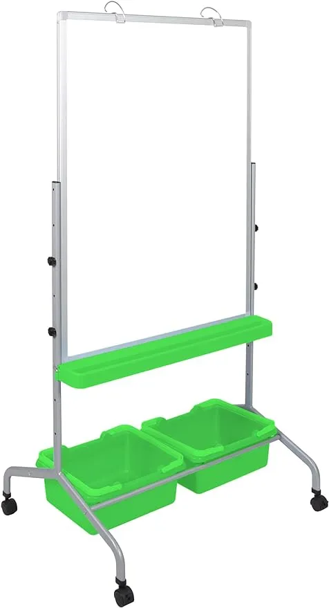 Height-Adjustable Mobile Whiteboard with Storage Bins and Chart Hooks