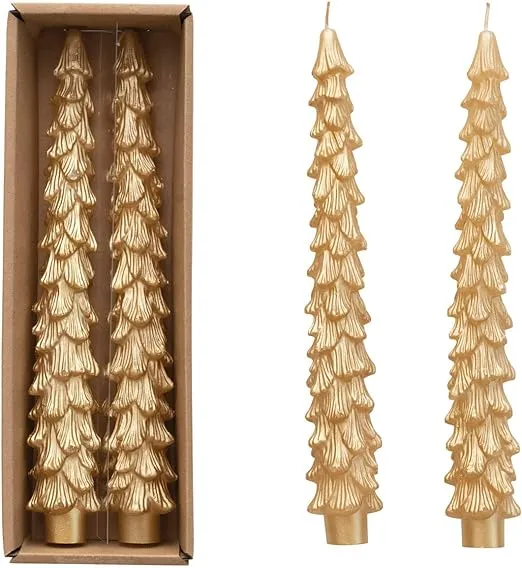 Creative Co-Op Unscented Tree Shaped Taper Candles, Gold, Boxed Set of 2