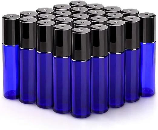 sungwoo 25 Pack Essential Oil Roller Bottles, 10ml Blue Glass Roller Bottles with Stainless Steel Roller Balls and Caps for Travel, Perfume and Lip Gloss