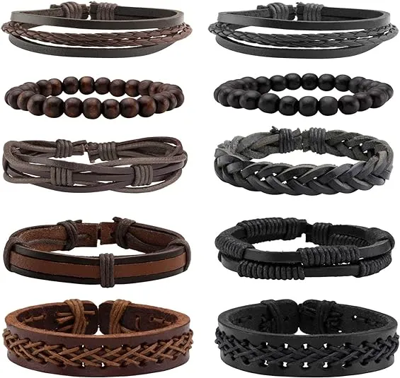 MILAKOO 10 Pcs Braided Leather Bracelet for Men Women Wooden Beaded Bracelets Wrap Adjustable