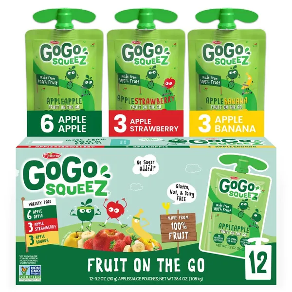 Gogo Squeez Applesauce, Fruit On The Go, Variety Pack - 12 pack, 3.2 oz pouches