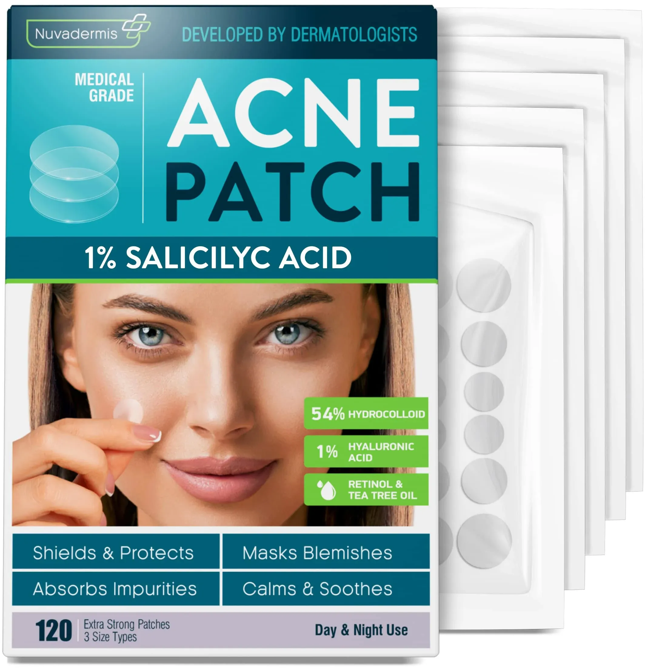 NUVADERMIS Acne Pimple Patches - Dark Spot, Blemish, Zit Treatment - 54% Hydrocolloid Dot Stickers - Hyaluronic Acid, Salicylic Acid, Vitamin A, Tea Tree Oil - FSA HSA Approved Products - 120 Pack